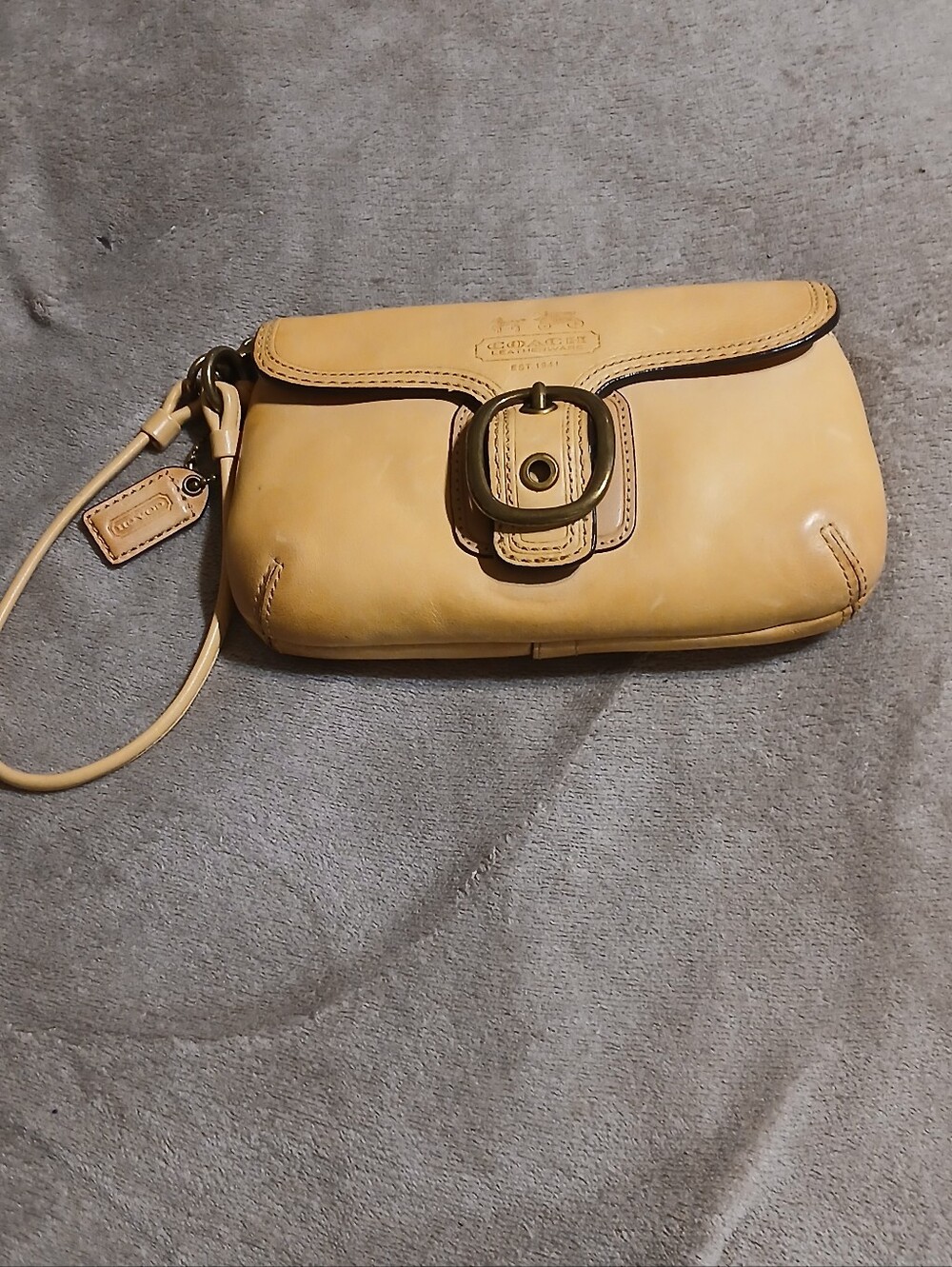 Coach Beige/Tan Leather Wristlet with Buckle Accent